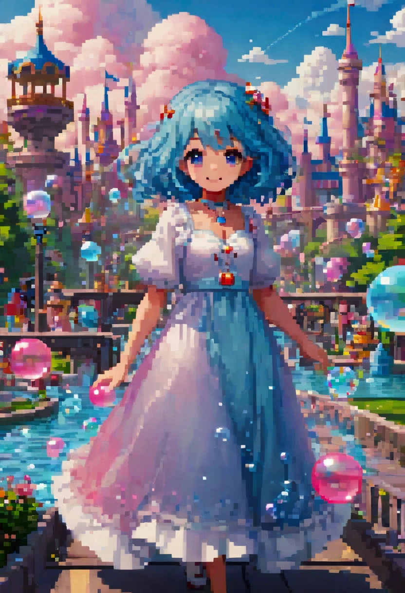 colorful fantasy amusement park, Magical Bubbles floating everywhere，Pixel Art, Low resolution,  block , Pixel Art风格, 8-bit graphics, Anime Girl，Gradient eyes， disheveled blue hair ， blush， charming smile ， Elegant and flowing dress ，Hair accessories，necklace， Whimsical and magical atmosphere ，Soft Light， bright colors ， surreal clouds ，Beautiful bokeh，Film composition，Wide-angle field of view， Stunning visual effects ，Imaginative