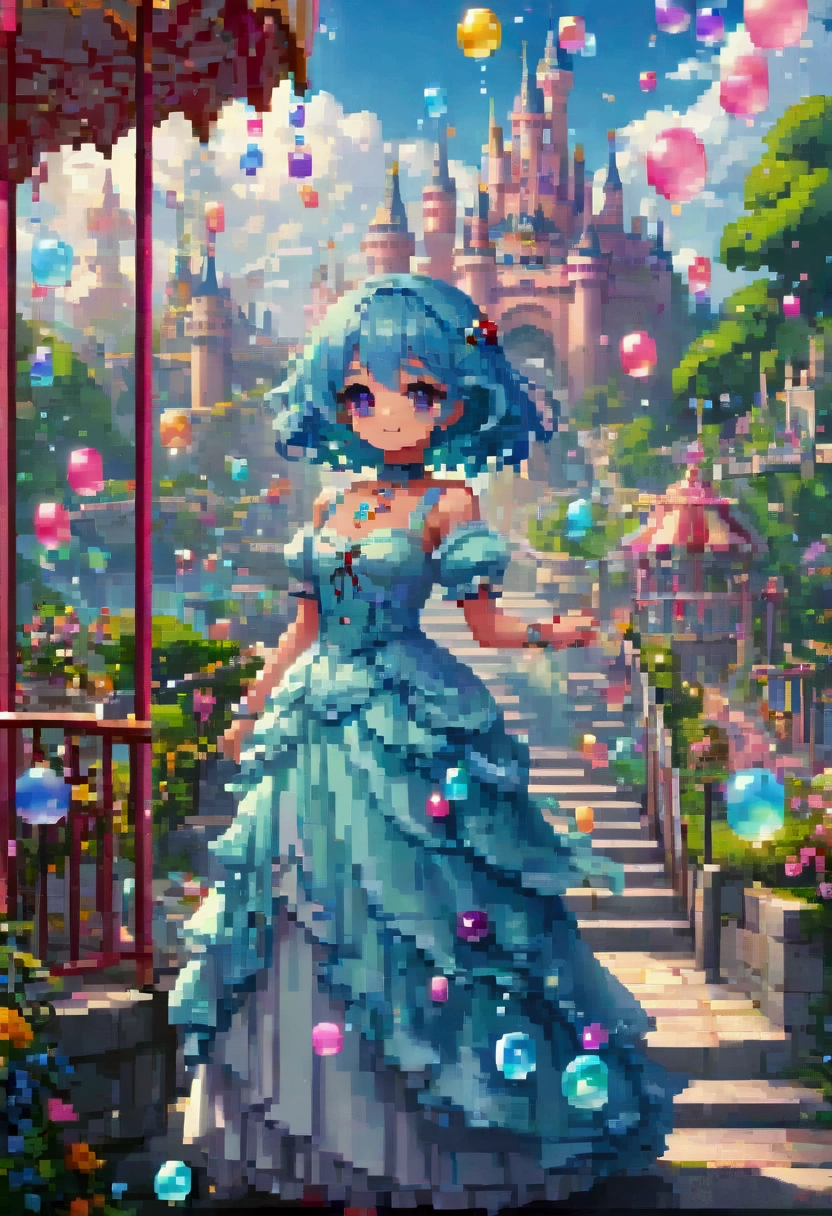 colorful fantasy amusement park, Magical Bubbles floating everywhere，Pixel Art, Low resolution,  block , Pixel Art风格, 8-bit graphics, Anime Girl，Gradient eyes， disheveled blue hair ， blush， charming smile ， Elegant and flowing dress ，Hair accessories，necklace， Whimsical and magical atmosphere ，Soft Light， bright colors ， surreal clouds ，Beautiful bokeh，Film composition，Wide-angle field of view， Stunning visual effects ，Imaginative