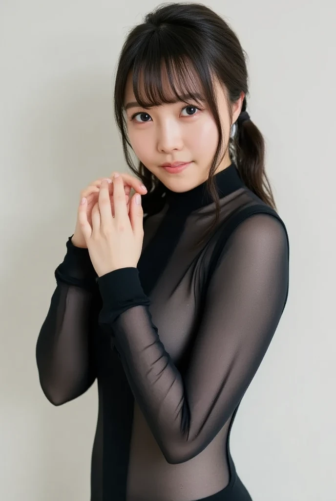 8k, RAW Photo, Best Quality, Masterpiece:1.2),(Realistic, photo-realistic:1.37), Super Detail, She is wearing tight thin fitting transparent black long sleeve turtleneck , no pants, no skirts, transparent black pantyhose, cinematic lighting, ecstacy face, monotone background, facing front, smiling, portrait, dressed up to the belly button, dressed up to the neck
