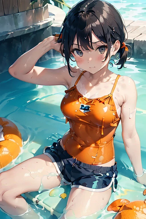 (Soaked with slimy liquid:1.5),Orange swimsuit(((Orange camisole)),Navy blue piping),(Navy blue shorts),Black Hair,(A pool of slimy liquid:1.2),(Leaning forward pose:1.5),