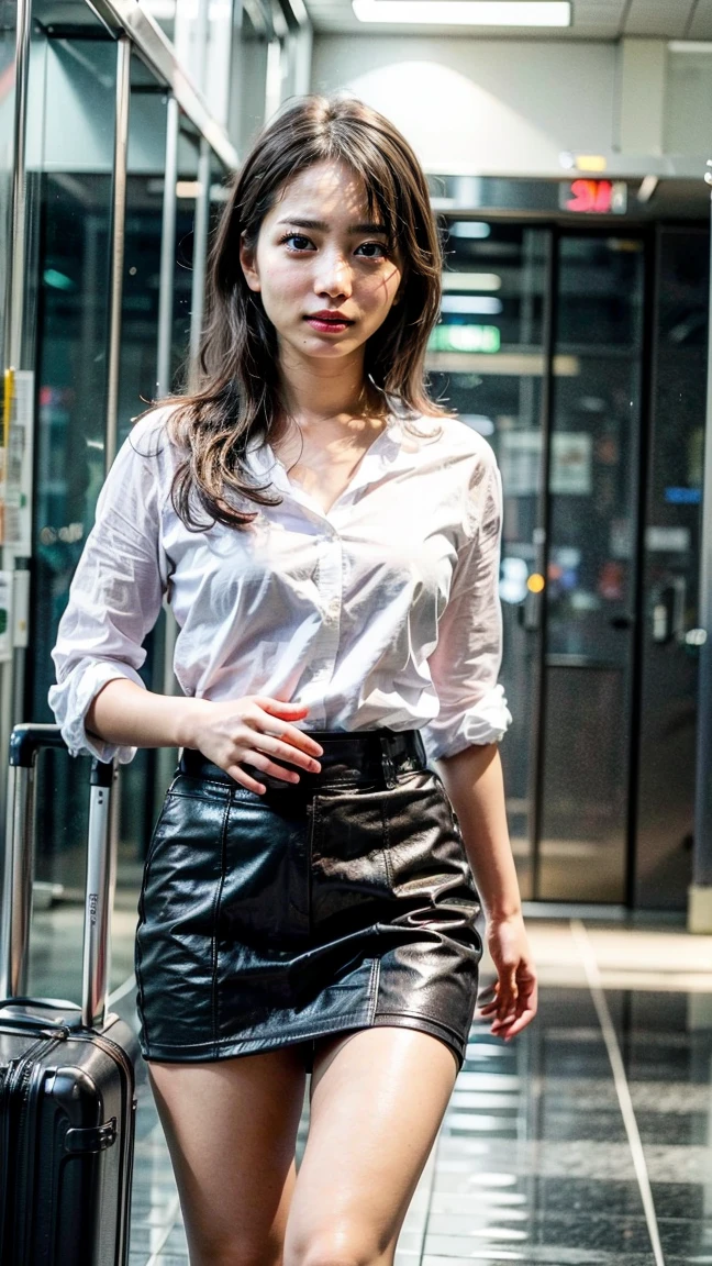 A beautiful, 24-year-old Japanese woman with perfect anatomy, healthy thighs, beautiful legs, beautiful skin, random hair color and style, large breasts, wearing a flight attendant uniform (1.3) with a mini-skirt (1.3), full body shot, pumps, carrying a suitcase, at the airport, (best quality,4k,8k,highres,masterpiece:1.3),(extremely detailed:1.2),realistic,photorealistic,photo-realistic:1.37,professional,vivid colors,studio lighting