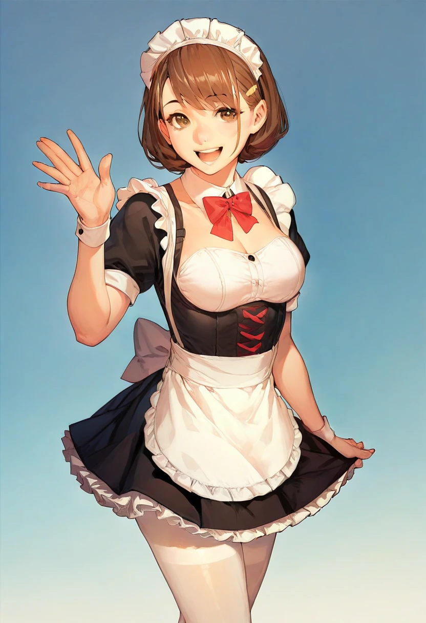 kawakami sadayo,the maid outfit,ssee-through,cheerfulness,Fleshy thighs,Pose,Poster publicity style,Ocean park,busty figure,C cup