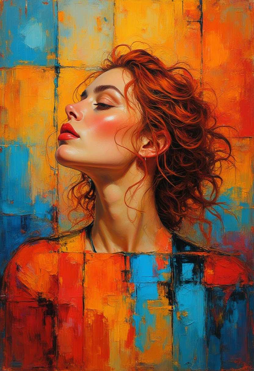 a woman's profile with flowing red curly hair, abstract painting in Mondrian style, impasto brushstrokes, hyperrealistic, photorealistic, 8k, high quality, masterpiece, intricate details, dramatic lighting, vibrant colors, warm color palette, elegant, graceful, mesmerizing, captivating