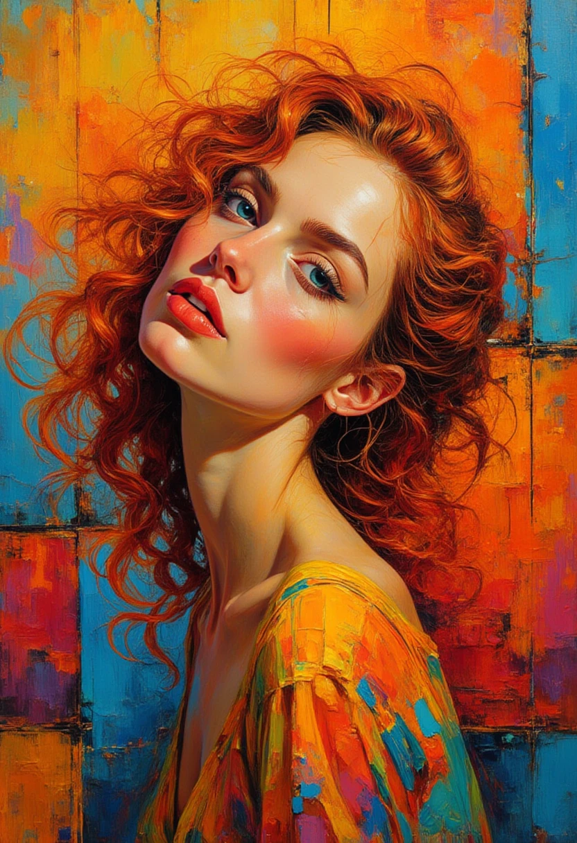 a woman's profile with flowing red curly hair, abstract painting in Mondrian style, impasto brushstrokes, hyperrealistic, photorealistic, 8k, high quality, masterpiece, intricate details, dramatic lighting, vibrant colors, warm color palette, elegant, graceful, mesmerizing, captivating