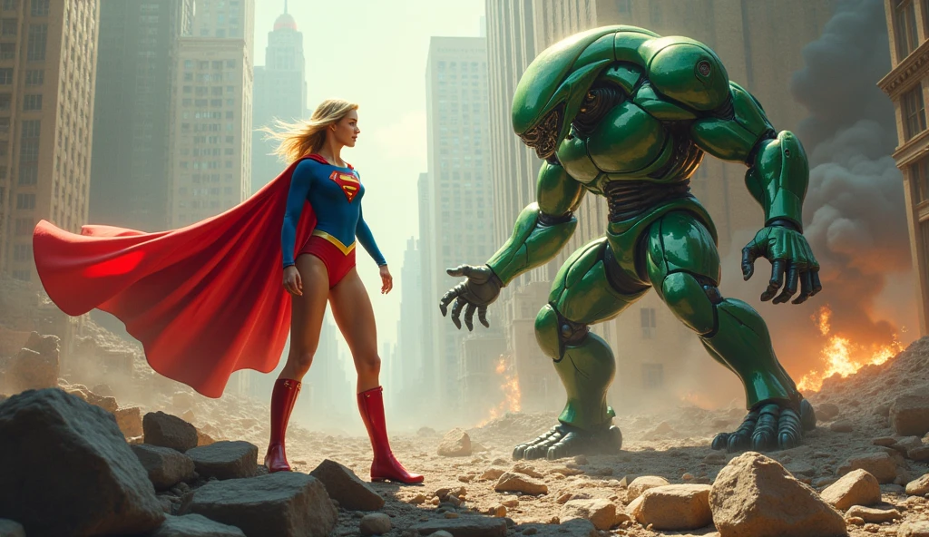 Epic realistic image depicting 1996 blonde beauty Supergirl with shoulder-length blonde hair wearing her iconic costume with red 'S' on a yellow diamond and blue skirt. Large breasts, full figure, perfect female figure. Supergirl lies at the feet of an evil robot! Rendered helpless by the deadly kryptonite vision of the robot Supergirl groans and writhes helplessly as the robot relentlessly focuses its green kryptonite vision at her.