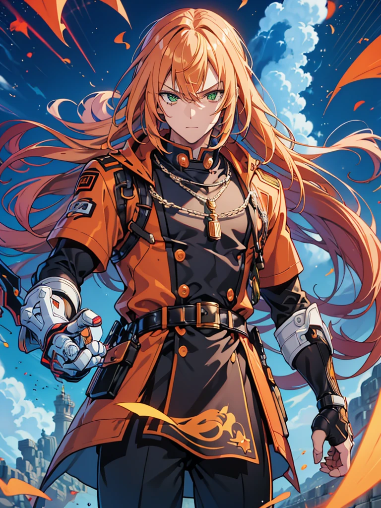 GUILTY GEAR, {{{{{Illustration of a person}}}}, {{{ orange battle coat}}}, Orange and black outfit ,  long brand hair,  straight hair , 36k image quality ,  long bangs  , Shut your mouth., ４０Old man,  handsome, Narrow green eyes ,  Official Art、  best quality、  Unity 8K Wallpaper 、32K、masterpiece、 super detailed, Male nose, Male Eyes  , Male outline  , {{{ carrying a large red sword }}}, Fighting in the old battlefield ,  acrobatic poses,