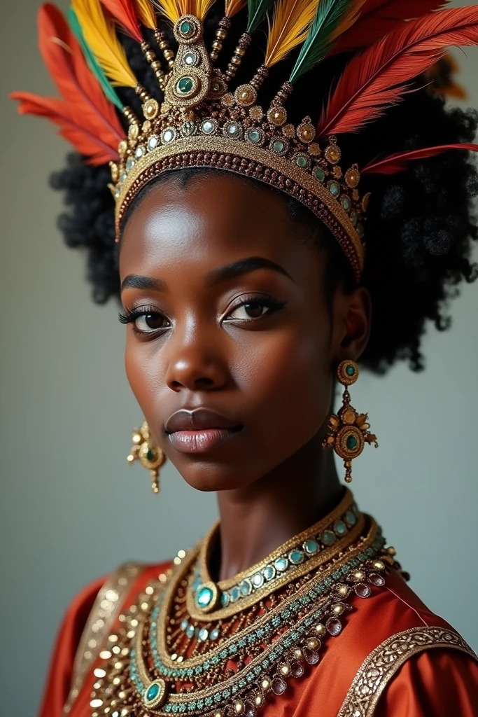 Pinart, 18 years old queen of africa, african traditional dress, beautifull little gold crown, raw image, best quality, atmospheric scene, closeup sydeboob, (detailed beautiful face, detail skin texture, ultra-detailed body:1.1),diffuse lighting, natural soft colors,