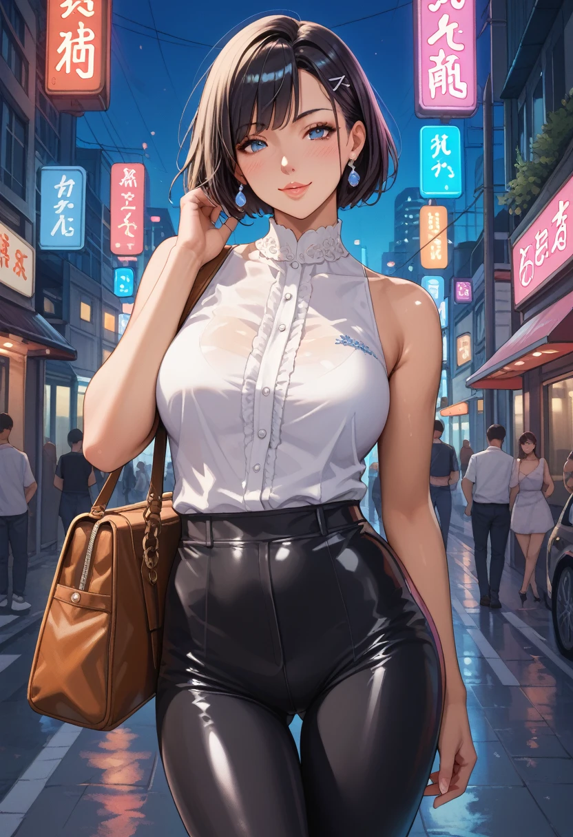 mature woman, mature face, hot face, glossy lips, (black hair, short hair, hime bangs), mature body, big breast, gray shirt, tight shirt, puffing chest out, (black leather jacket), tight pants, big ass, sidewalk, (night), front view, flirting expression