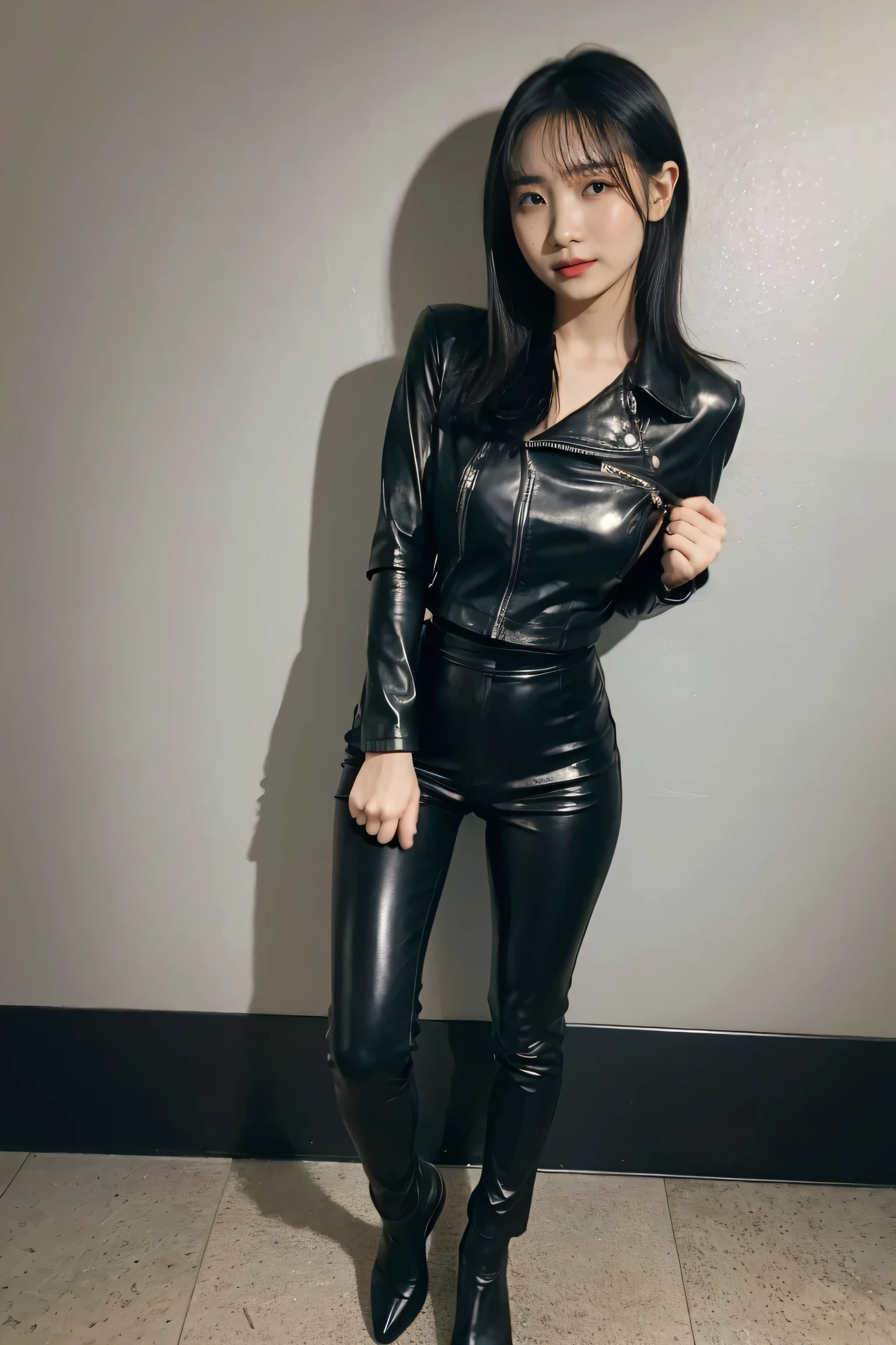 background , background , Japanese office lady, young female, (The angle is horizontal)、 Black leather skinny pants , Black leather skinny pants , Black leather skinny pants 、Black long leather boots on both feet、 black long hair, Full body image, Full body shot ,If you turn in this direction 、 Wearing a black leather pants ,Wearing a black leather pants , Wearing a black leather pants ,Wearing a black leather pants ,Wearing a black leather pants ,Wearing a black leather pants , Standing full body photo , A very beautiful woman is looking at me , detailed writing,Female Best Image Quality、 super high resolution、( realism:1.4)、Japanese beauty star、The most beautiful star、face、 sexy makeup 、 A body that makes you want to touch it 、Realistic Leather Texture 、 Clothes made of smooth leather fabric 、 Curved leather drape 、The costume has a strong shine、Quality of the costume、8K High Resolution
