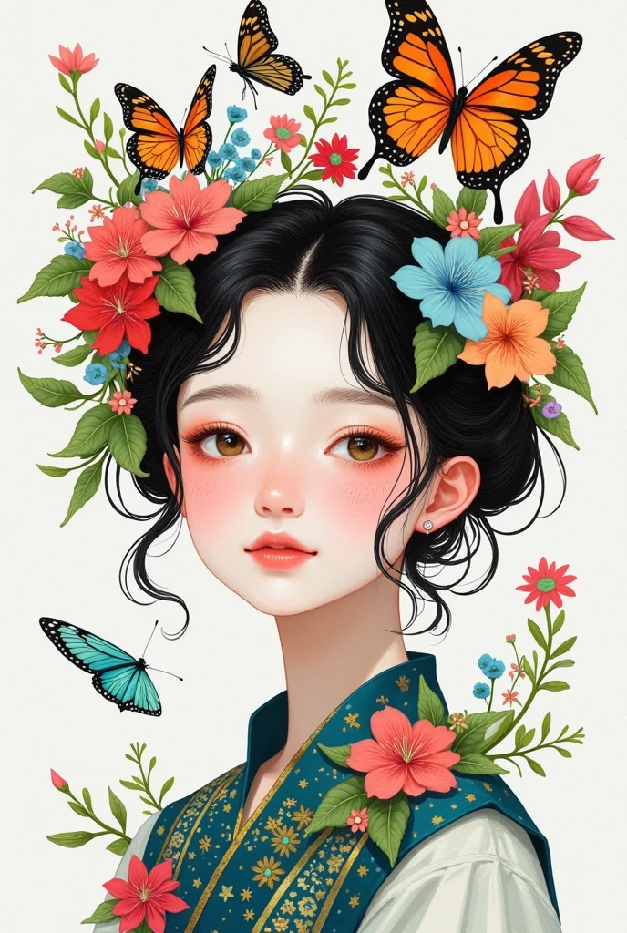 a woman with a butterfly and flowers in her hair, trending on artstration, beautiful drawing style, exquisite digital illustration, a beautiful artwork illustration, cute art style, beautiful digital illustration, in the art style of bowater, aesthetic cute with flutter, girl with a flower face, flower queen, 中 元 节, beautiful aesthetic art, queen of flowers