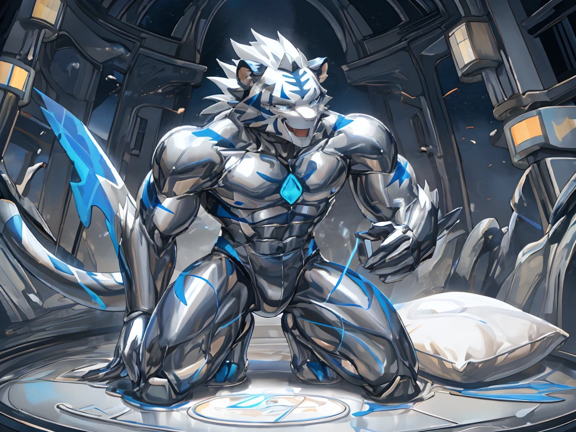 male, Synthesizer , metal silver slime body,  silver metallic sticky mucus , sticky skin ,sticky skin, , Android, Kogen Tower ( soft pillow quote )   white tiger,( Blue Glowing Stripes ， white tiger印花）(Tiger Blue Pattern )，（Tiger Tail）  Machine Tool Kogen Tower ( soft pillow quote ), network Hive. Full Body Mechanical Bodysuit  . full-body photo . Liquid Metal Mecha Cover .silver metal bodysuit, shiny metallic bodysuit ,  Evil Smile .  Red Glowing Eyes. Detailed Skin  ,Intricate skin details, Smooth Reflective Leather . kneeling position .legs spread.liquid metal pool.liquid metal tentacle.INSECT NESTS.Big crotch bag.erect.absorption, goo skin, silver slime, enamel,unrecognizable ,Transform  ,Large target,melt,Tentacles,gender.Drooling.stick out tongue. full-body photo .Excited.clear hands and feet ..周圍開滿藍色金屬的花 silver metallic sticky mucus .