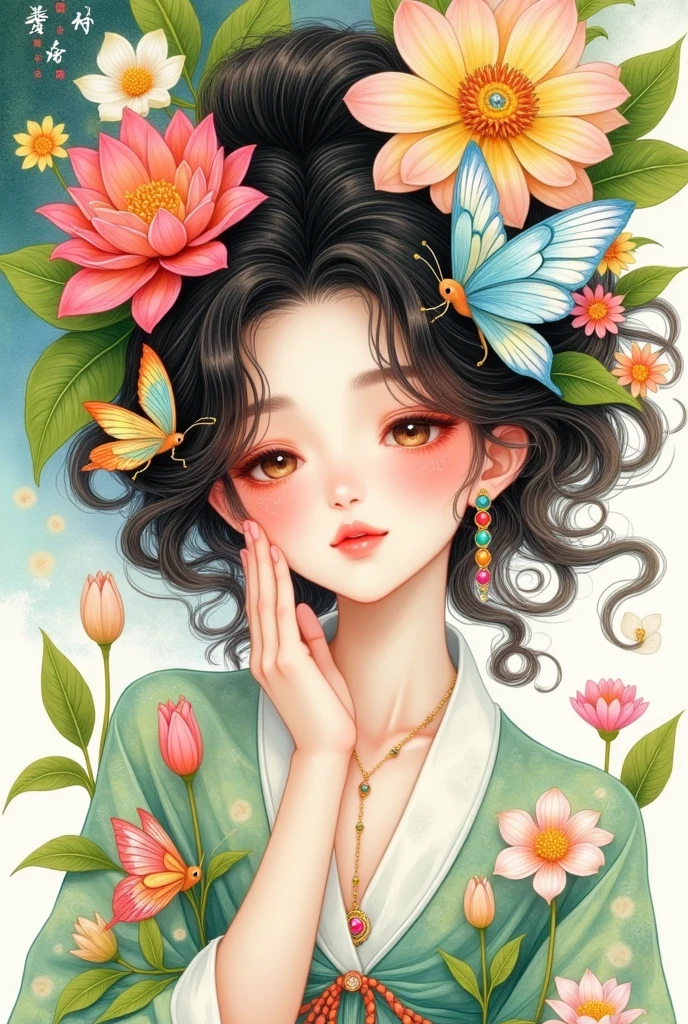 a woman with a butterfly and flowers in her hair, trending on artstration, beautiful drawing style, exquisite digital illustration, a beautiful artwork illustration, cute art style, beautiful digital illustration, in the art style of bowater, aesthetic cute with flutter, girl with a flower face, flower queen, 中 元 节, beautiful aesthetic art, queen of flowers