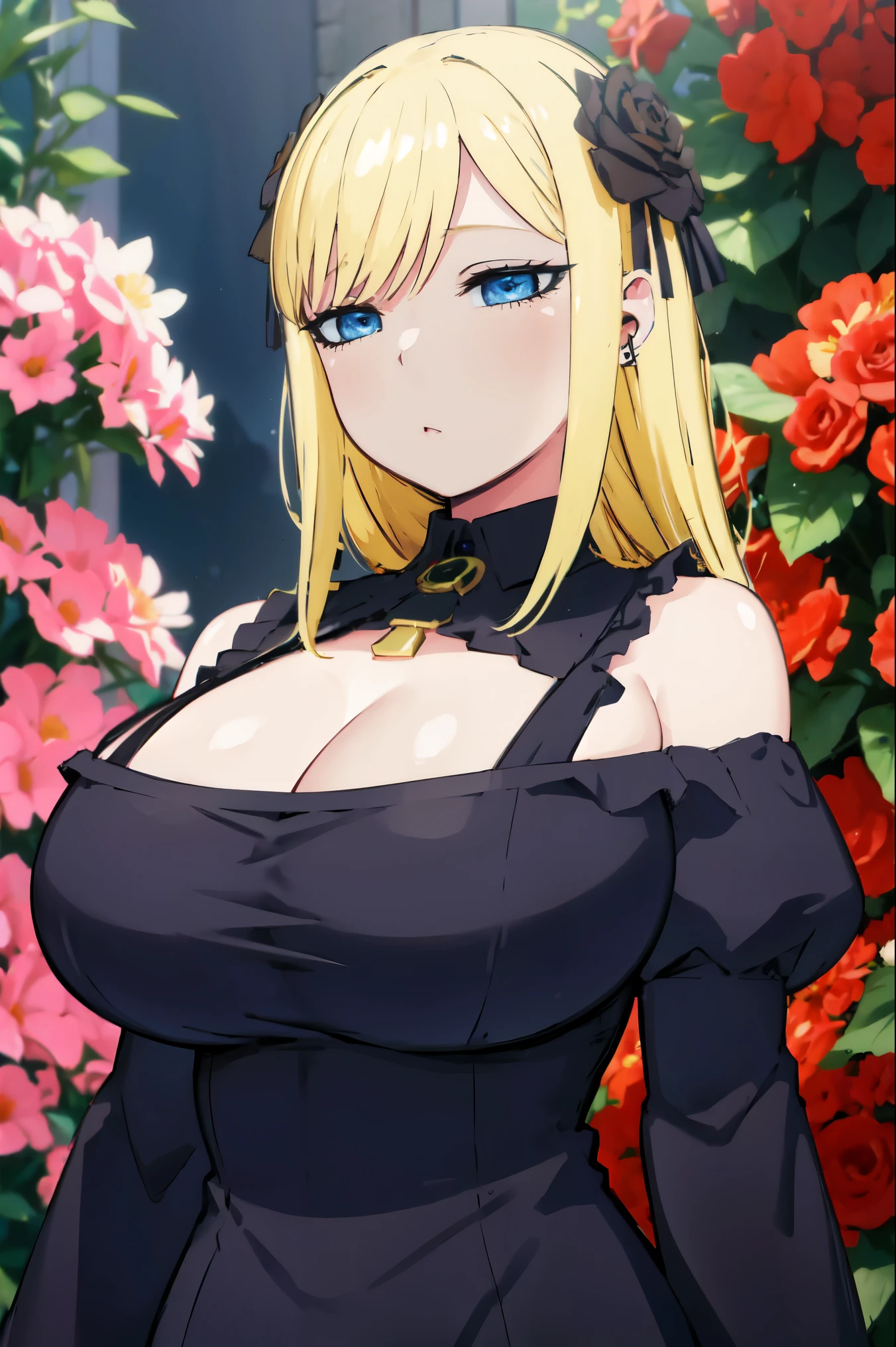 Blonde hair, huge tits   , (((black dress))),  thick, busty, blue eyes, ((upperbody)), emotionless, cleavage, flower garden