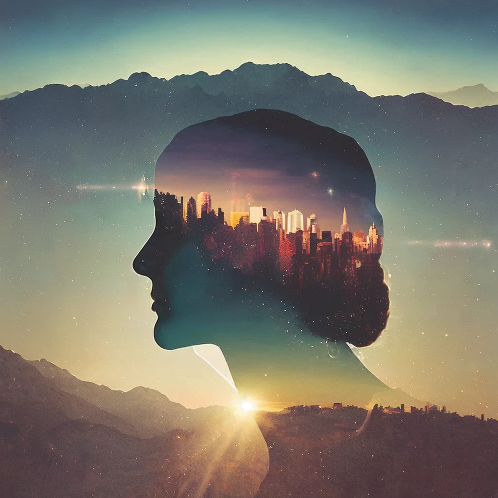 arafed image of a woman's profile with a city in the background, double-exposure, double - exposure, double exposure photography, double exposure effect, double exposure, double exposure portrait, by Kurt Roesch, multiple exposure, multiexposure, jen bartel, face melting into the universe, matte painting of human mind, stylized photo, frank moth