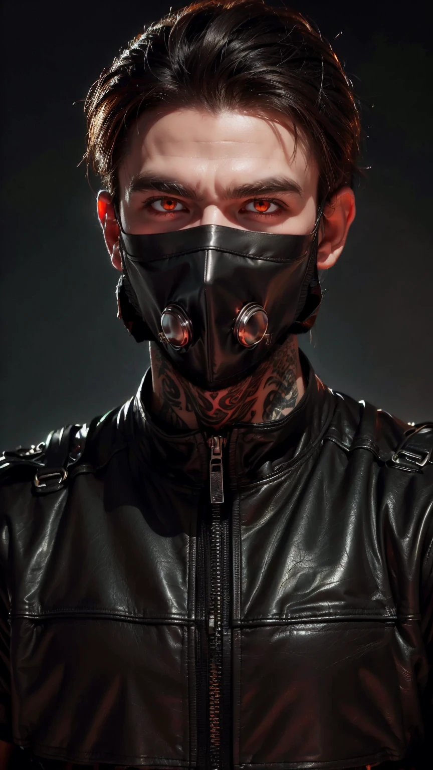 masterpiece, best quality, 1man, dark theme, (dark brown miltary hair cut), very big and very muscular male, very buff, tattoos, black tactical gear, (all black special ops uniform:1), black miltary uniform, ((face masks, covered mouth, black leather, sharp teeth)), urban street wear, stoic, deep orange eyes, dark background