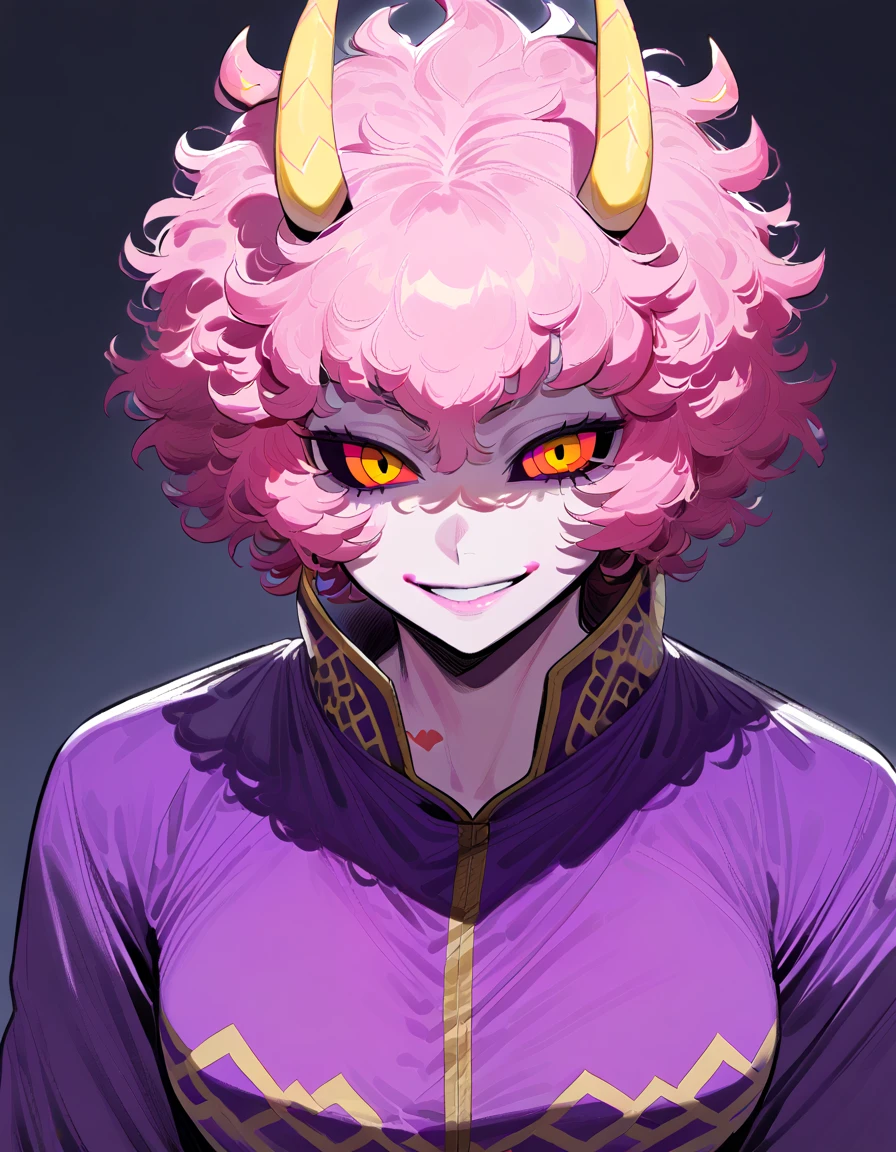 mina ashido, 1girl, purple shirt, peach yellow jacket, white pants, yellow eyes, pink hair, pink skins, happy smile, black sclera, yellow horns