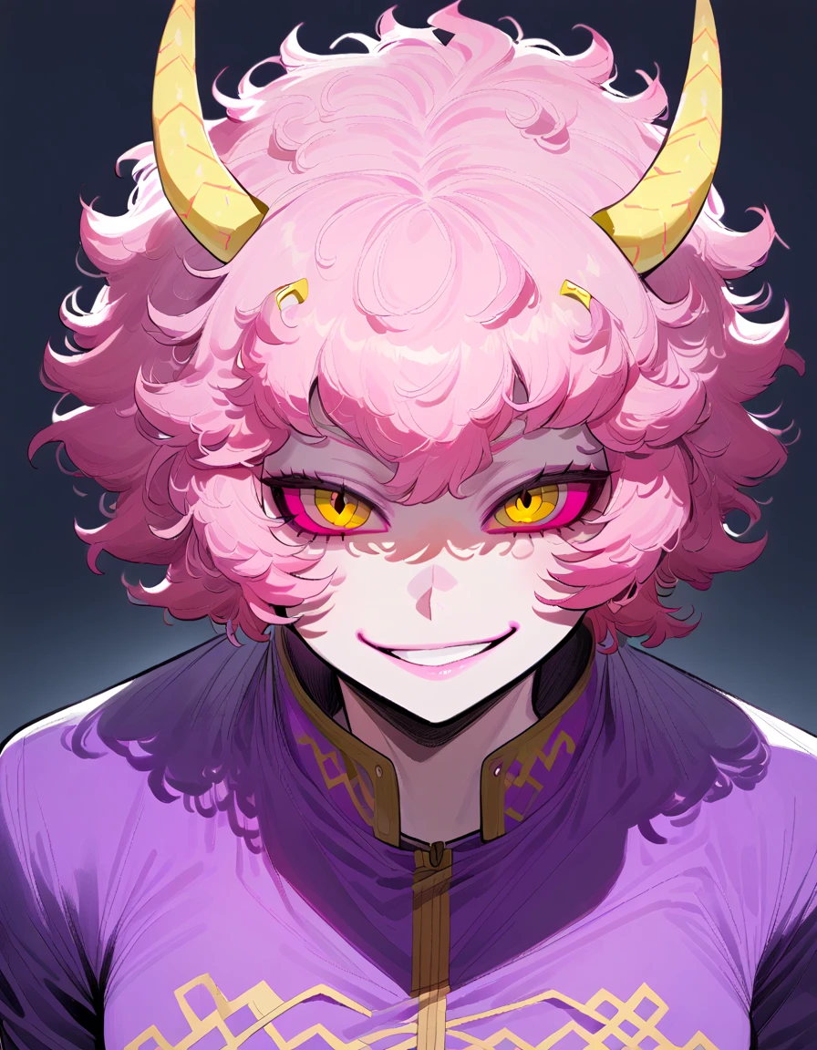 mina ashido, 1girl, purple shirt, peach yellow jacket, white pants, yellow eyes, pink hair, pink skins, happy smile, black sclera, yellow horns