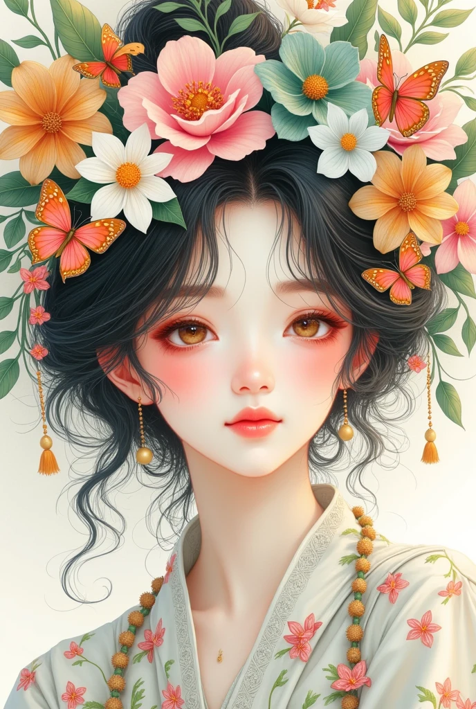 a woman with a butterfly and flowers in her hair, trending on artstration, beautiful drawing style, exquisite digital illustration, a beautiful artwork illustration, cute art style, beautiful digital illustration, in the art style of bowater, aesthetic cute with flutter, girl with a flower face, flower queen, 中 元 节, beautiful aesthetic art, queen of flowers