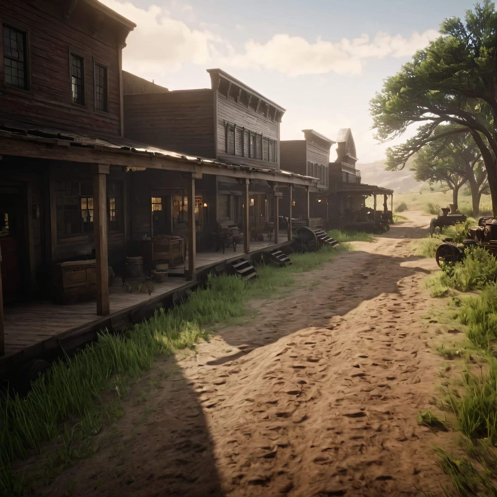 cinematic film still of cinematic  big street with path way, muddy, saloon, barbers,butchers, doctors, Generals store, train stations, gunsmith, newspaper seller, pathways, stables at end of the pathway ,wildflowers , outdoors,sky,cloud,tree,grass,ground,wildflowers, epic, Western, adventures, outlaw, Red Dead, Western United States, wild west,  Open world, 1900's, realistic, cinematic, film look, dramatic light, partially covered in shadows, gang, Western-themed action-adventure, Red Dead Redemption style, shallow depth of field, vignette, highly detailed, high budget, bokeh, cinemascope, moody, epic, gorgeous, film grain, grainy