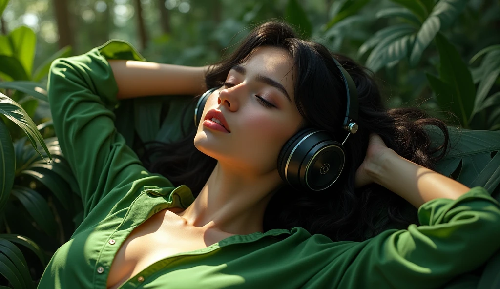 A Light Skin Persian woman in a lush landscape, wearing an open shirt, big breasts, with a floral print, wearing a headphone, with a close-up capturing the harmonious beauty between her breasts and the landscape, showing off your natural charm and outgoing personality.
