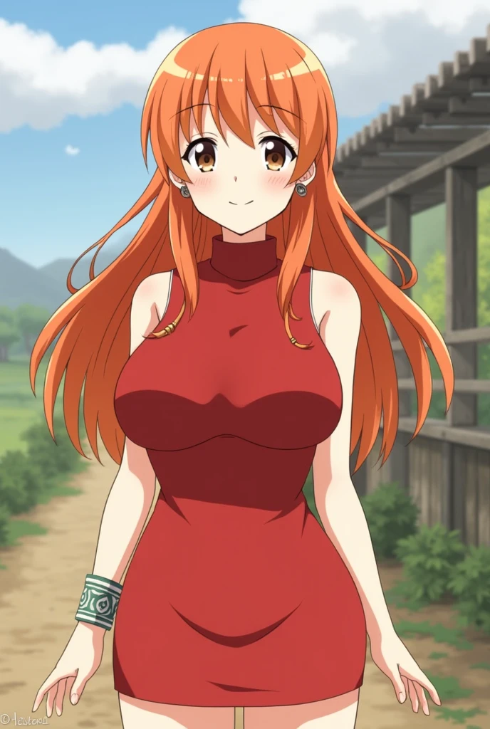 cg,anime chisato,nami,solo, orange hair,brown eyes,long hair, jewelry,bracelet, earrings, red dress,red sleeveless,red turtleneck,red sleeveless turtleneck dress,red miniskirt, bare shoulders,large breasts,outdoors,smile,closed mouth,blush, nsfw, sexy pose