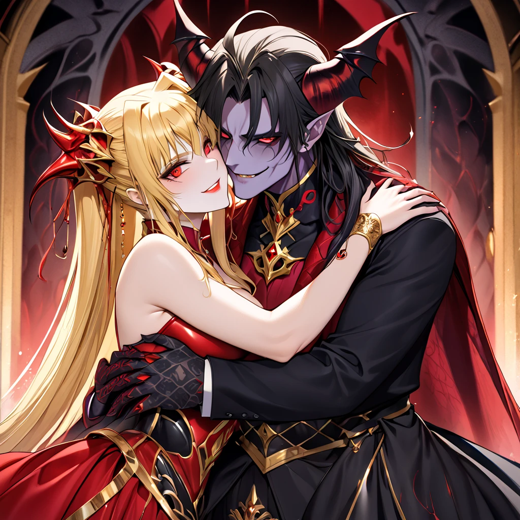 The woman who became a demon as a wife to the ugly demon king of the alien demon is Fate Testarossa with beautiful demon blond hair, smiles kindly at her beloved husband, wears the gorgeous devil of the Daima queen, always snuggles up and loves the ugly devil of the atypical king as Daimao's demon's wife, and is an evil person on the altar of the demon's temple is an evil person who is hugged and kissed by the devil of the alien demon is loved by the ugly devil of the alien demon king My wife's big demon The birth of Demon King and Queen Daima, who become queens and love each other、(( best quality)), ((masterpiece)), ( Details), （ perfect face）,The woman is a blond Fate Testarossa with outstanding proportions, is the devil's possession, and is a symbol of devil worship as the devil's virgin, and is beautifully decorated, loved and worshipped by demons, giving hope to humans and despair 、The woman who became a demon as a wife to the demon queen of the great devil 