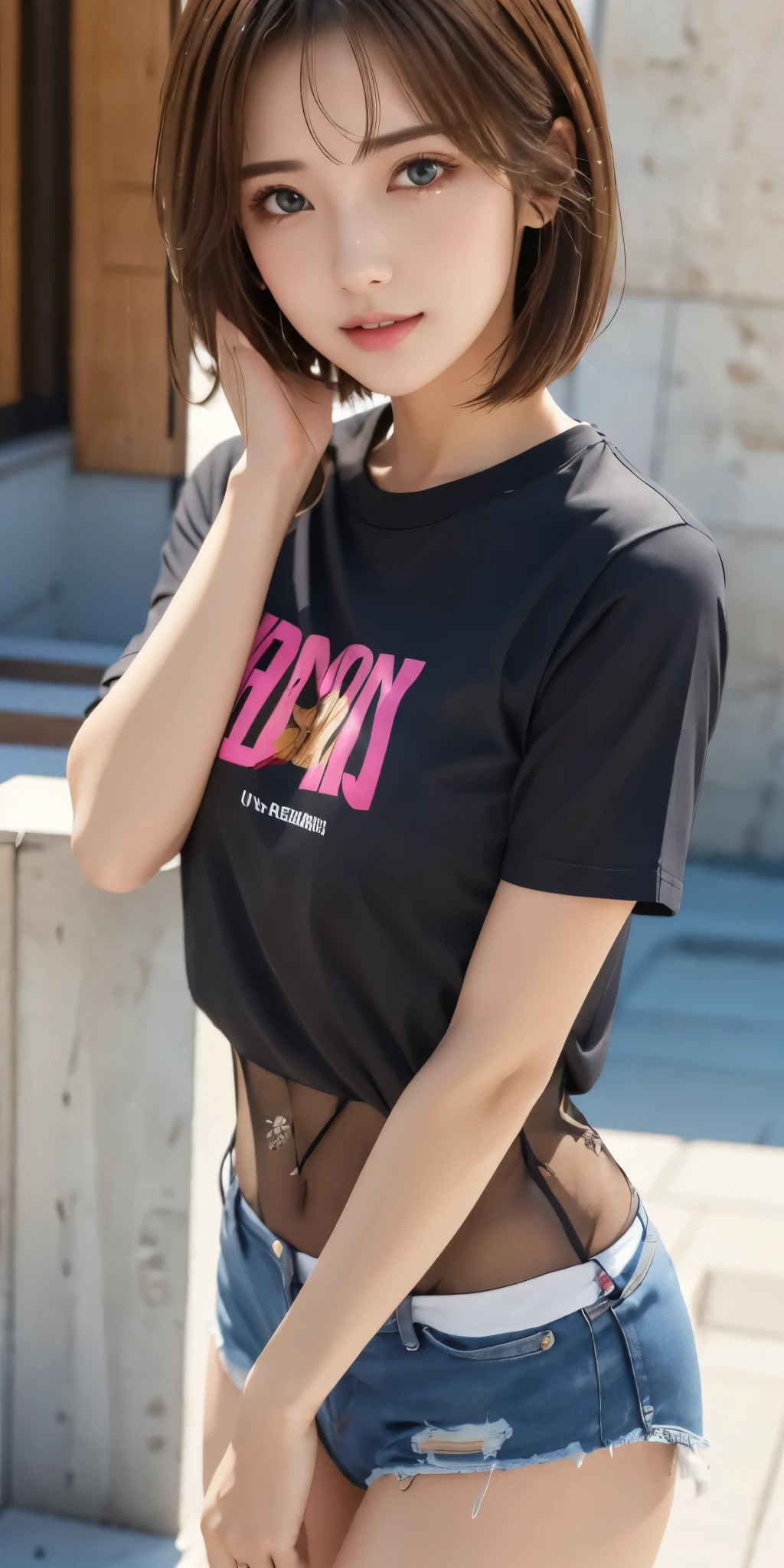 A close up of a woman in a black shirt and shorts - SeaArt AI
