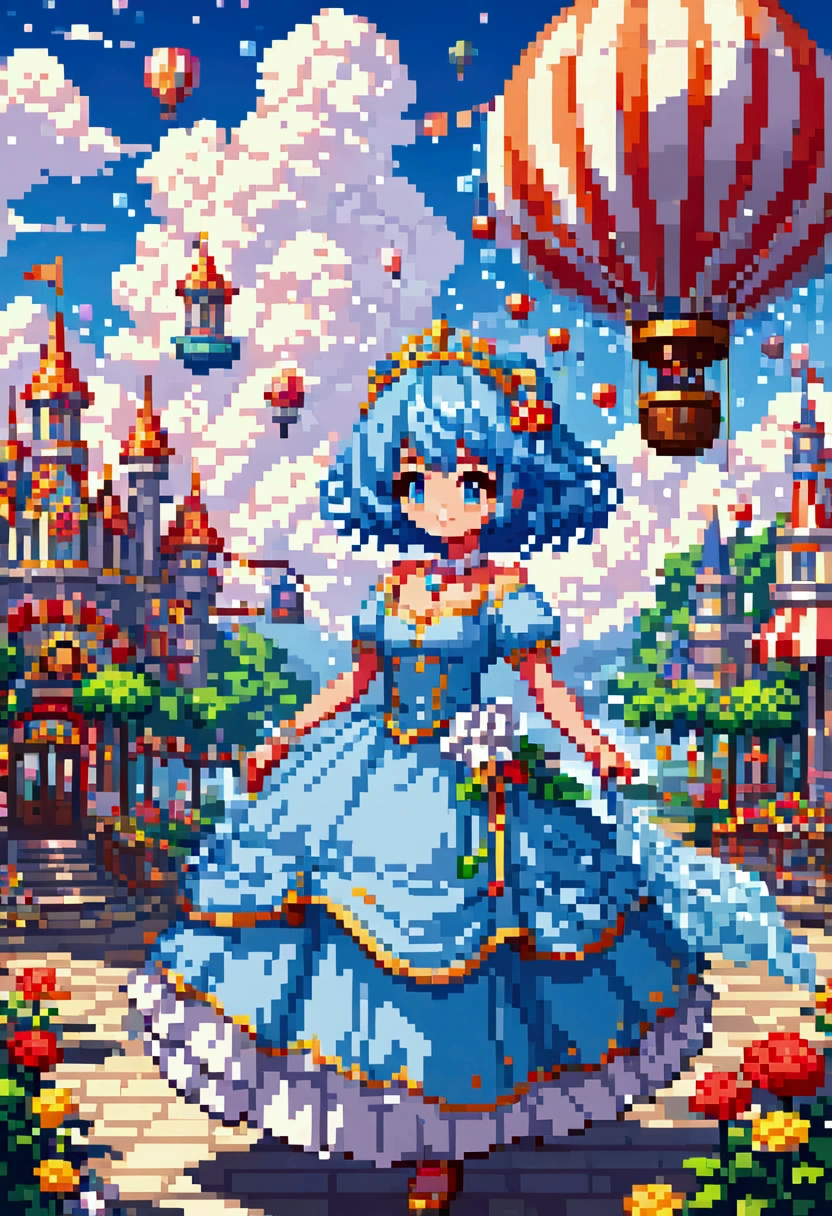 colorful fantasy amusement park, Magical Bubbles floating everywhere，Pixel Art, Low resolution,  block , Pixel Art风格, 8-bit graphics, Anime Girl，Gradient eyes， disheveled blue hair ， blush， charming smile ， Elegant and flowing dress ，Hair accessories，necklace， Whimsical and magical atmosphere ，Soft Light， bright colors ， surreal clouds ，Beautiful bokeh，Film composition，Wide-angle field of view， Stunning visual effects ，Imaginative