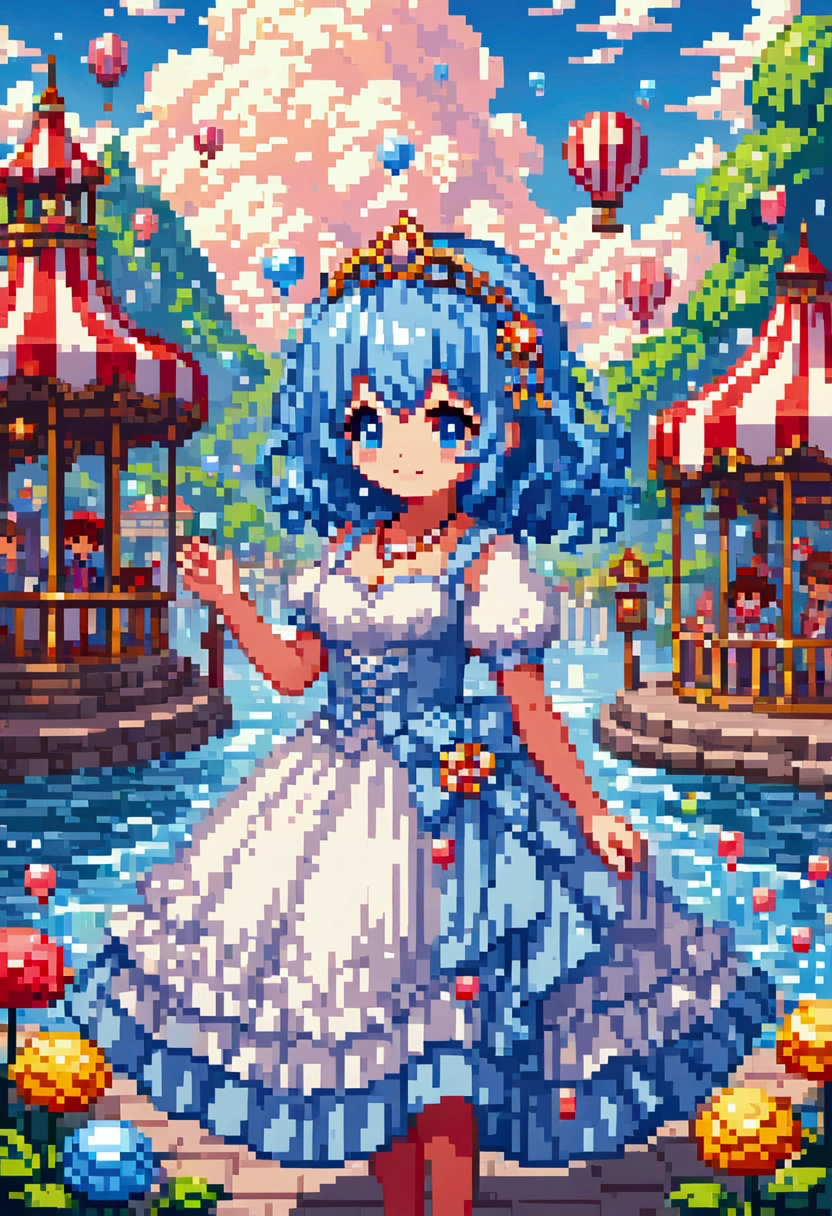 colorful fantasy amusement park, Magical Bubbles floating everywhere，Pixel Art, Low resolution,  block , Pixel Art风格, 8-bit graphics, Anime Girl，Gradient eyes， disheveled blue hair ， blush， charming smile ， Elegant and flowing dress ，Hair accessories，necklace， Whimsical and magical atmosphere ，Soft Light， bright colors ， surreal clouds ，Beautiful bokeh，Film composition，Wide-angle field of view， Stunning visual effects ，Imaginative