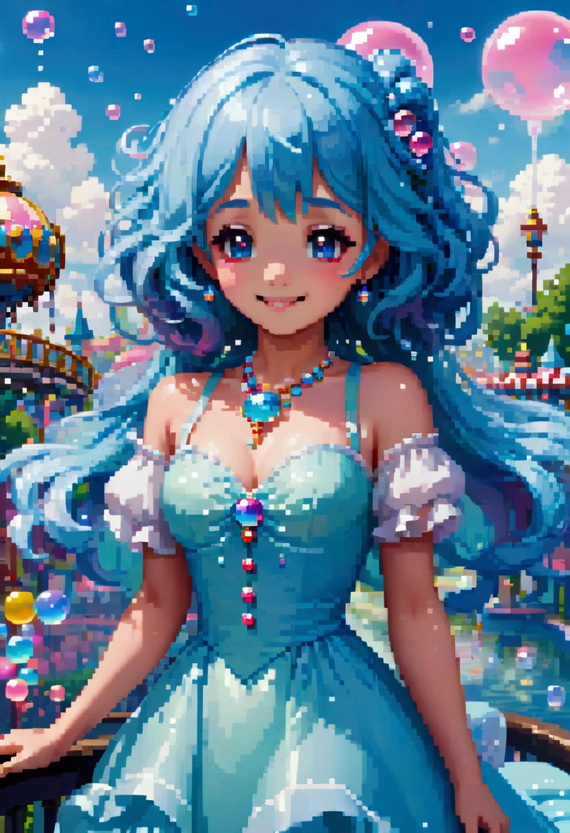 colorful fantasy amusement park, Magical Bubbles floating everywhere，Pixel Art, Low resolution,  block , Pixel Art风格, 8-bit graphics, Anime Girl，Gradient eyes， disheveled blue hair ， blush， charming smile ， Elegant and flowing dress ，Hair accessories，necklace， Whimsical and magical atmosphere ，Soft Light， bright colors ， surreal clouds ，Beautiful bokeh，Film composition，Wide-angle field of view， Stunning visual effects ，Imaginative