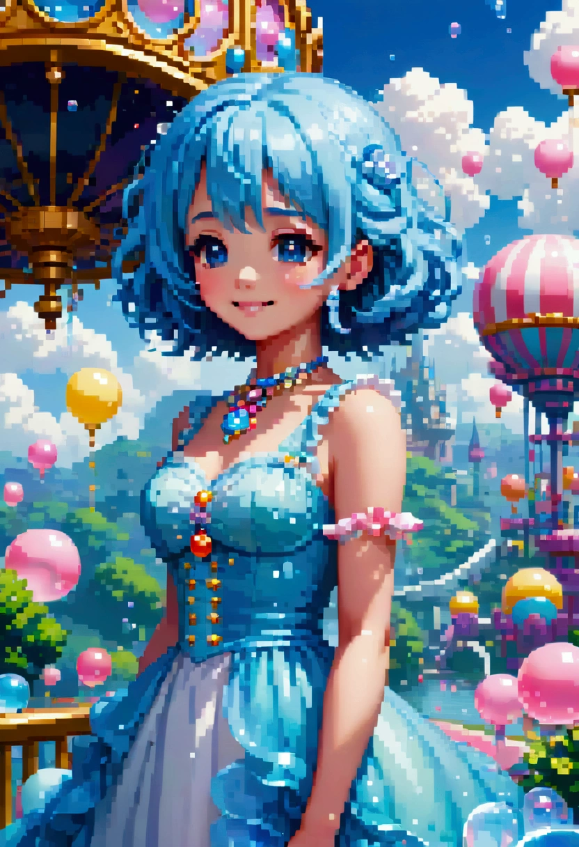 colorful fantasy amusement park, Magical Bubbles floating everywhere，Pixel Art, Low resolution,  block , Pixel Art风格, 8-bit graphics, Anime Girl，Gradient eyes， disheveled blue hair ， blush， charming smile ， Elegant and flowing dress ，Hair accessories，necklace， Whimsical and magical atmosphere ，Soft Light， bright colors ， surreal clouds ，Beautiful bokeh，Film composition，Wide-angle field of view， Stunning visual effects ，Imaginative