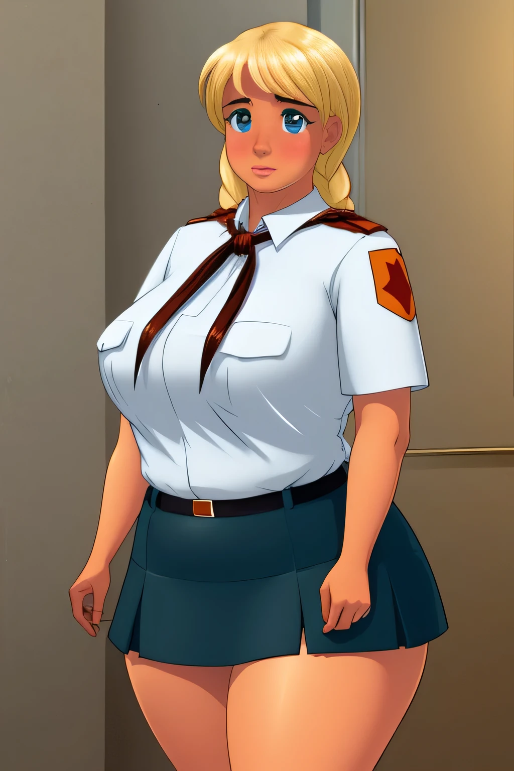 ((masterpiece)), ((realistic art)), ((anime)), ((perfect quality)), (cafe), (very chubby), (very fat), ((best quality)), ((solo)), ((girl)), sl, blonde hair, (full body art), face : [very beautiful face, realistic, detailed, (perfect face), plump face, plump cheeks], emotions : [ (ashamed), (blushed), red cheeks ], (very chubby), (very fat), (huge breasts), (large breasts), (very fat), figure : [ (very full body), (very fat), (very thick), (very chubby), (very fat), (very sexy), (belly bulge), (overweight), (fatty), (sexy curves), (very curvy), (very chubby), (very plump), (large breasts), (wide waist), (belly bulge), (very chubby belly), (fat belly), (fat rolls), (belly rolls), (very chubby belly bottom), (big deep navel), (round ass), (very fat ass), (very fat thighs), (thunder thighs) ], (too fat for clothes), clothes : [ (tight white shirt), (blue skirt), (red neckerchief), (skirt straining against her belly), (shirt is about to burst) ]