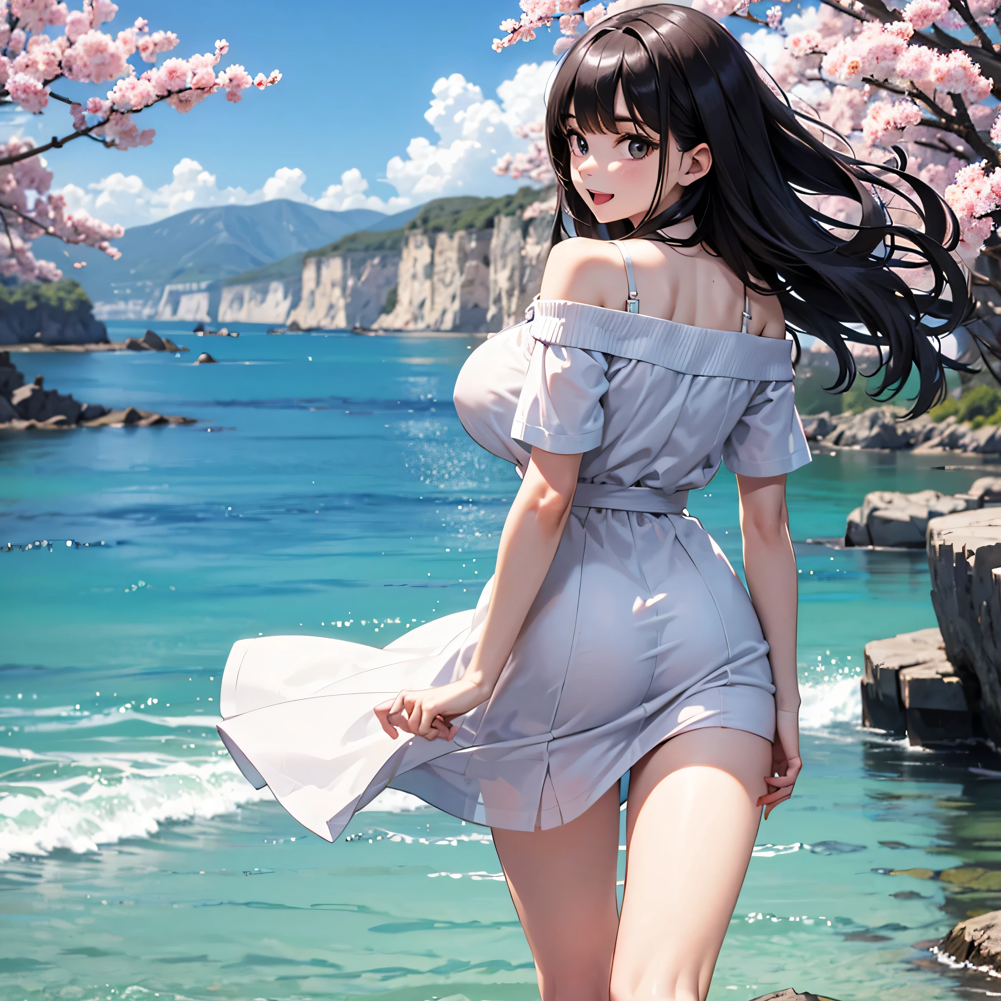 landscape, seaside, ocean in distance, blowing wind, fluttering cherry blossoms, BREAK, (solo), 1 skinny girl standing alone, swaying back, arms behind back, sad smile for viewer, open mouth. BREAK, (bouncing large breasts), narrow shoulders, narrow skinny waist, short torso, long skinny legs, BREAK, off-shoulder white shirts, collarbone, very short skirt, thigh gap