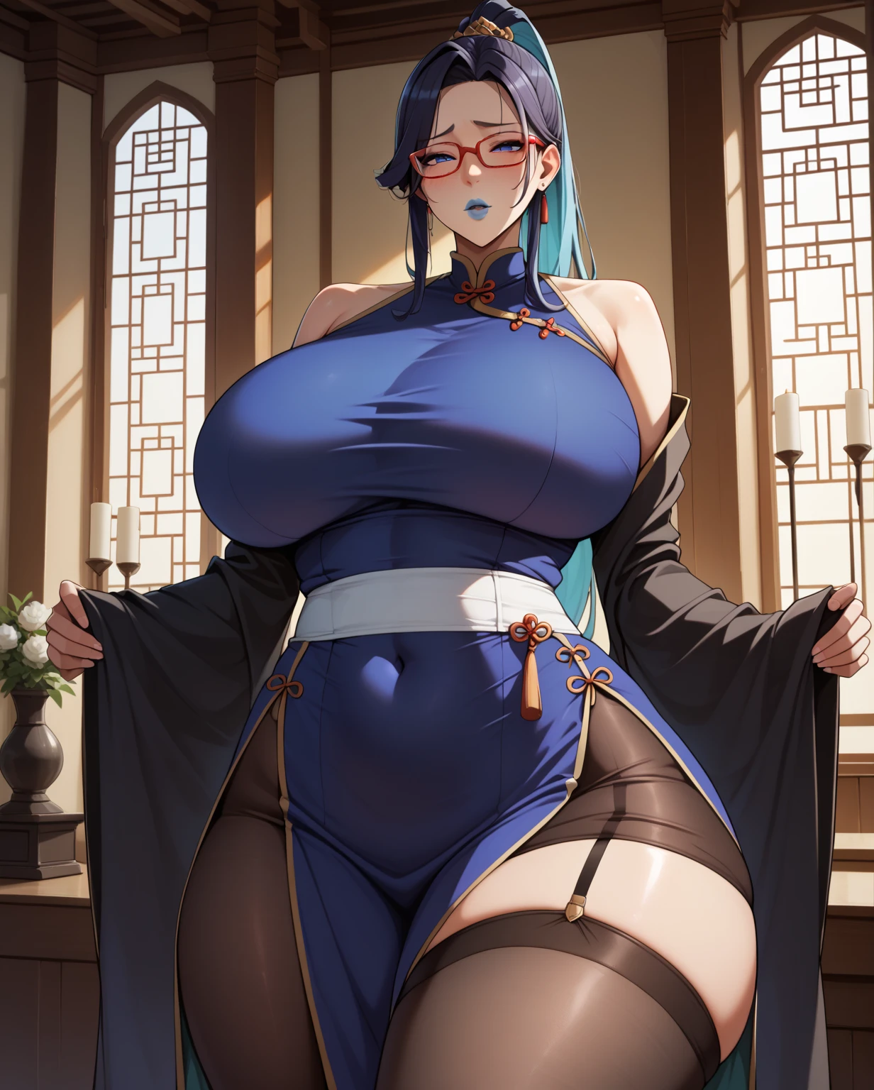  Japanese cartoons ,  best quality ,  high quality,  detailed,  high res, 8K, 超 high res,  Soft Saturation , Professional quality, Perfect contrast, Perfect lighting,  anatomically correct,  Sensual person , 成Mature Woman性, Mature Woman, Maternal, Tempting, Long hair, ,High Ponytail，temple, red rimless glasses,  lewd, full, full的嘴唇, Thick lips，1girl，Long skirt， standing position， front view，Tightening， huge breasts ，white waistband ，Black long sleeve hem 、 black pantyhose， side skirt、sad，Neckline，Phnom Penh，blue_eyes, long_hair, black_hair,semi-rimless_eyewear, hair_ornament, covered_navel, blue_hair, multicolored_hair, bangs, chinese_clothes， black robe， separated sleeve ，coat，black slim fit satin， with your shoulders exposed，Blue lips，