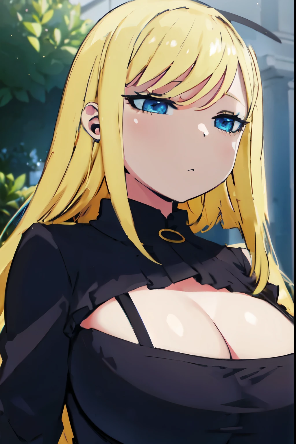 Blonde hair, huge tits   , (((black dress))),  thick, busty, blue eyes, ((upperbody)), emotionless, cleavage, flower garden