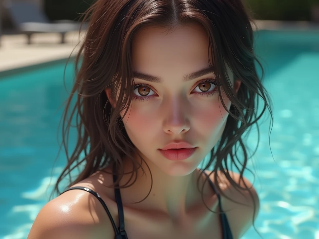 ((Best Quality, 8k, Masterpiece: 1.3)), Sharp Focus: 1.2, Beautiful Woman with Perfect Figure: 1.4, Slim Body: 1.3, ((Dark Brown Hair, Dark Skin, Medium Chest: 1.4)), (), Pool:1.4, Highly Detailed Face and Skin Texture, Detailed Eyes, Double Eyelid, Beautiful Face, (Smile, Teeth)