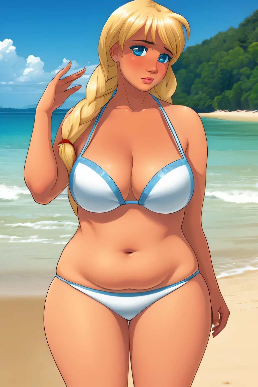 ((masterpiece)), ((realistic art)), ((anime)), ((perfect quality)), (beach), (very chubby), (night), ((best quality)), ((solo)), ((girl)), sl, blonde hair, (full body art), face : [very beautiful face, realistic, detailed, (perfect face), plump face, plump cheeks], emotions : [ (ashamed), (blushed), red cheeks ], (large breasts), (very fat), figure : [ (very full body), (very fat), (very fat), (very thick), (very chubby), (very sexy), (sexy curves), (very curvy), (very plump), (large breasts), (wide waist), (belly bulge), (very fat belly), (fat rolls), (belly rolls), (very fat belly bottom), (big deep navel), (very fat ass), (very fat thighs), (thunder thighs) ], (too fat for clothes), clothes : [ (tight white bikini) ]