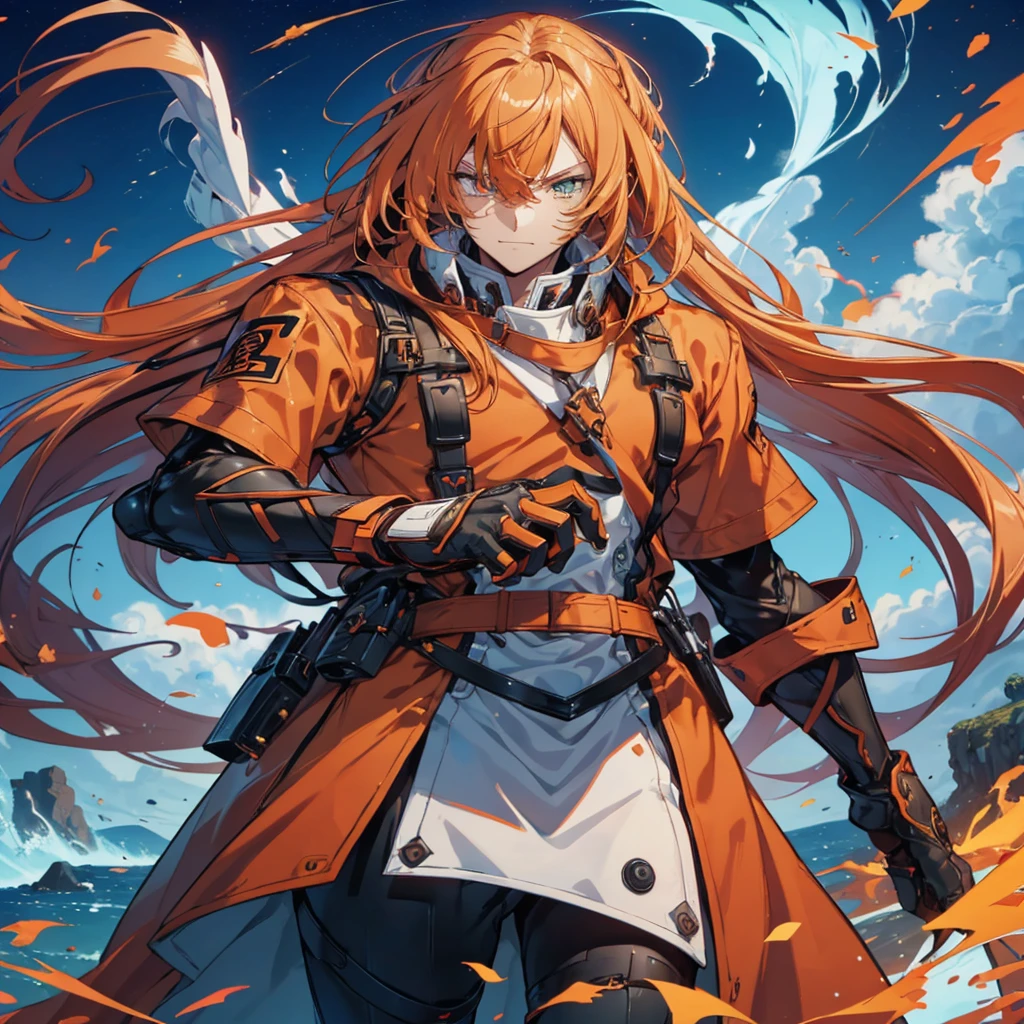 GUILTY GEAR, {{{{{Illustration of a person}}}}, {{{ orange battle coat}}}, Orange and black outfit ,  long brand hair,  straight hair , 36k image quality ,  long bangs  , Shut your mouth., ４０Old man,  handsome, Narrow green eyes ,  Official Art、  best quality、  Unity 8K Wallpaper 、32K、masterpiece、 super detailed, Male nose, Male Eyes  , Male outline  , {{{ carrying a large red sword }}}, Fighting in the old battlefield ,  acrobatic poses,