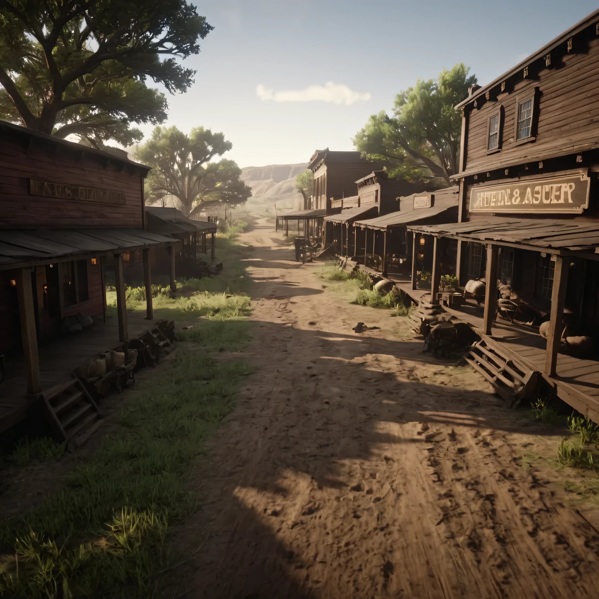 cinematic film still of cinematic  big street with path way, muddy, saloon, barbers,butchers, doctors, Generals store, train stations, gunsmith, newspaper seller, pathways, stables at end of the pathway ,wildflowers , outdoors,sky,cloud,tree,grass,ground,wildflowers, epic, Western, adventures, outlaw, Red Dead, Western United States, wild west,  Open world, 1900's, realistic, cinematic, film look, dramatic light, partially covered in shadows, gang, Western-themed action-adventure, Red Dead Redemption style, shallow depth of field, vignette, highly detailed, high budget, bokeh, cinemascope, moody, epic, gorgeous, film grain, grainy