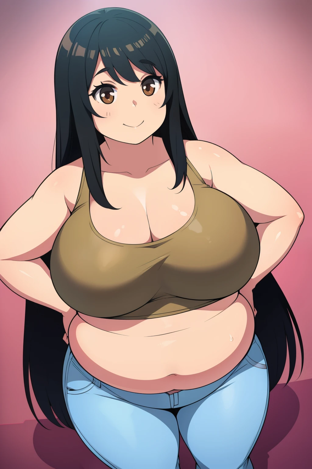 Chubby girl with big breasts black hair brown eyes happy long messy hair smiling