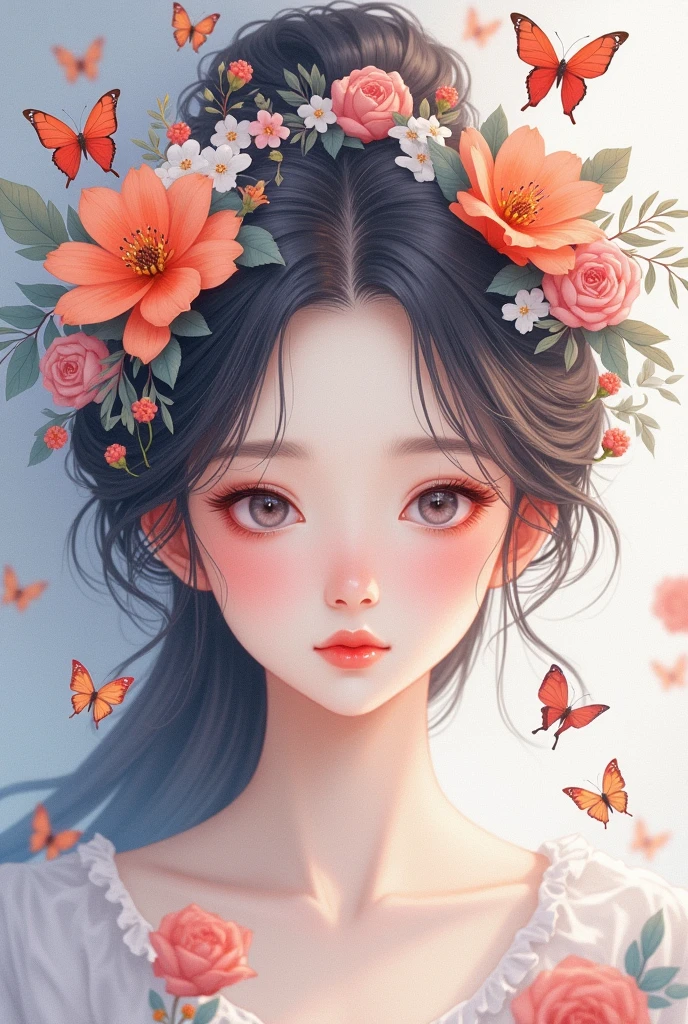 a woman with a butterfly and flowers in her hair, trending on artstration, beautiful drawing style, exquisite digital illustration, a beautiful artwork illustration, cute art style, beautiful digital illustration, in the art style of bowater, aesthetic cute with flutter, girl with a flower face, flower queen, 中 元 节, beautiful aesthetic art, queen of flowers