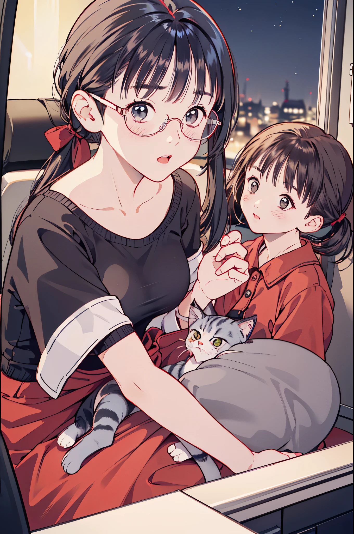 (8k、top-quality、masterpiece:1.2)、(Realistic、Ultra-detailed、 super A high resolution 、 1 girl, ,Beautifully detailed face, perfect body for a lawn、 Big Breasts ,nsfw,,(( ponytails bleeding from the vagina, black hair)),((Daytime)),narrow、( slim waist :1.3)、 beautiful detailed skin、 skin texture、Floating Hair、((daylight)),(( office lady holding kittens, sitting desk in the back seat of the bus,Wear red glasses )),,Full face blush,((Midnight)) ,(Holding a kitten)、Glare at me、