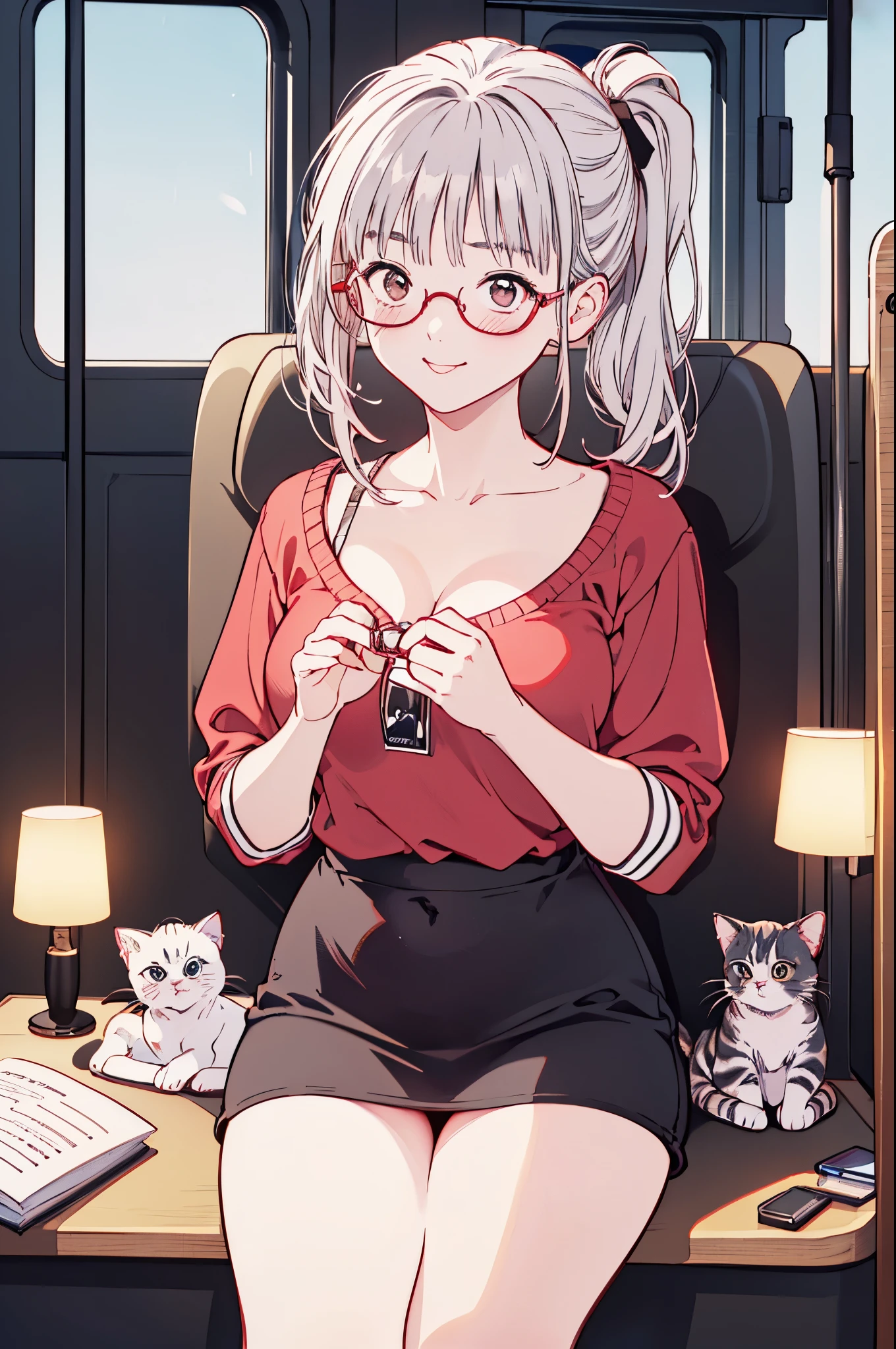 (8k、top-quality、​masterpiece:1.2)、(Realistic、Ultra-detailed、 super A high resolution 、 1 girl, ,Beautifully detailed face, perfect body for a lawn、 Big Breasts  ,((  ponytails bleeding from the vagina、 Silver Hair)),((Daytime)),narrow、( slim waist  :1.3)、 beautiful detailed skin、 skin texture、Floating Hair、((daylight)),(( office lady holding kittens,  sitting desk in the back seat of the bus,Wear red glasses )),,Full face blush,((Midnight))  ,(Holding a kitten)、 smiling gently 、 sexy、