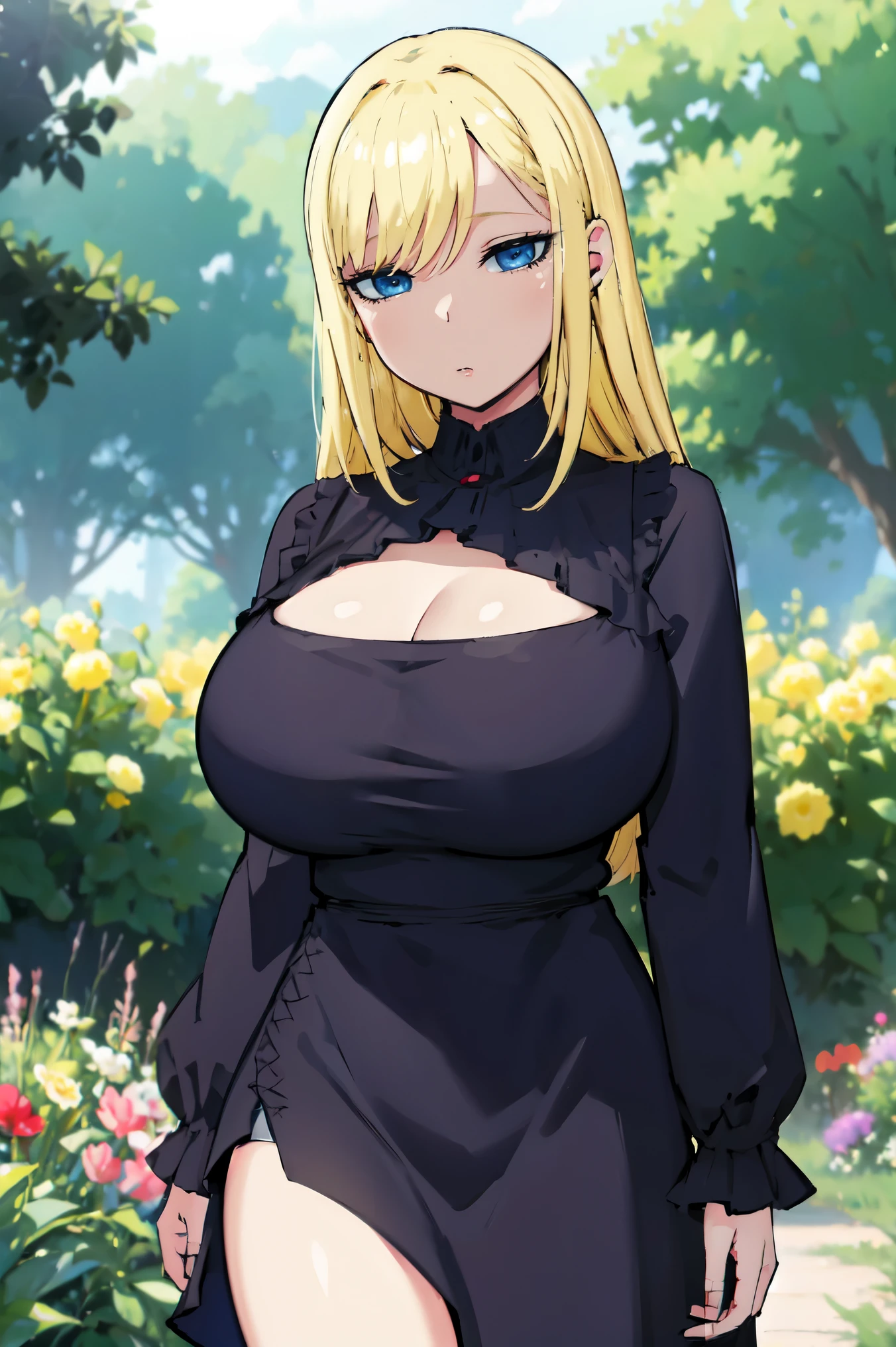 Blonde hair, huge  tits  , (((black dress))),  thick, busty, blue eyes, ((upperbody)), emotionless, cleavage, flower garden