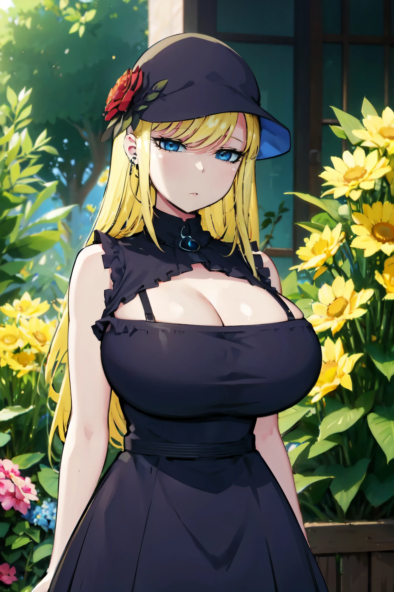 Blonde hair, huge  tits  , (((black dress))),  thick, busty, blue eyes, ((upperbody)), emotionless, cleavage, flower garden