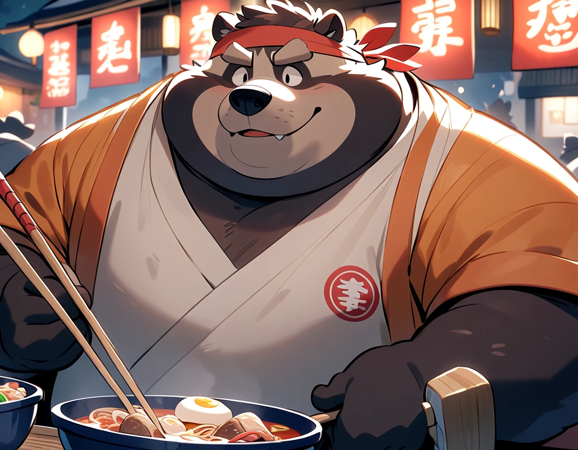  Big Fat Raccoon Man, Fat face、masterpiece,  best quality , Very Beautiful 、Night food stalls、Ramen Stalls 、Headband