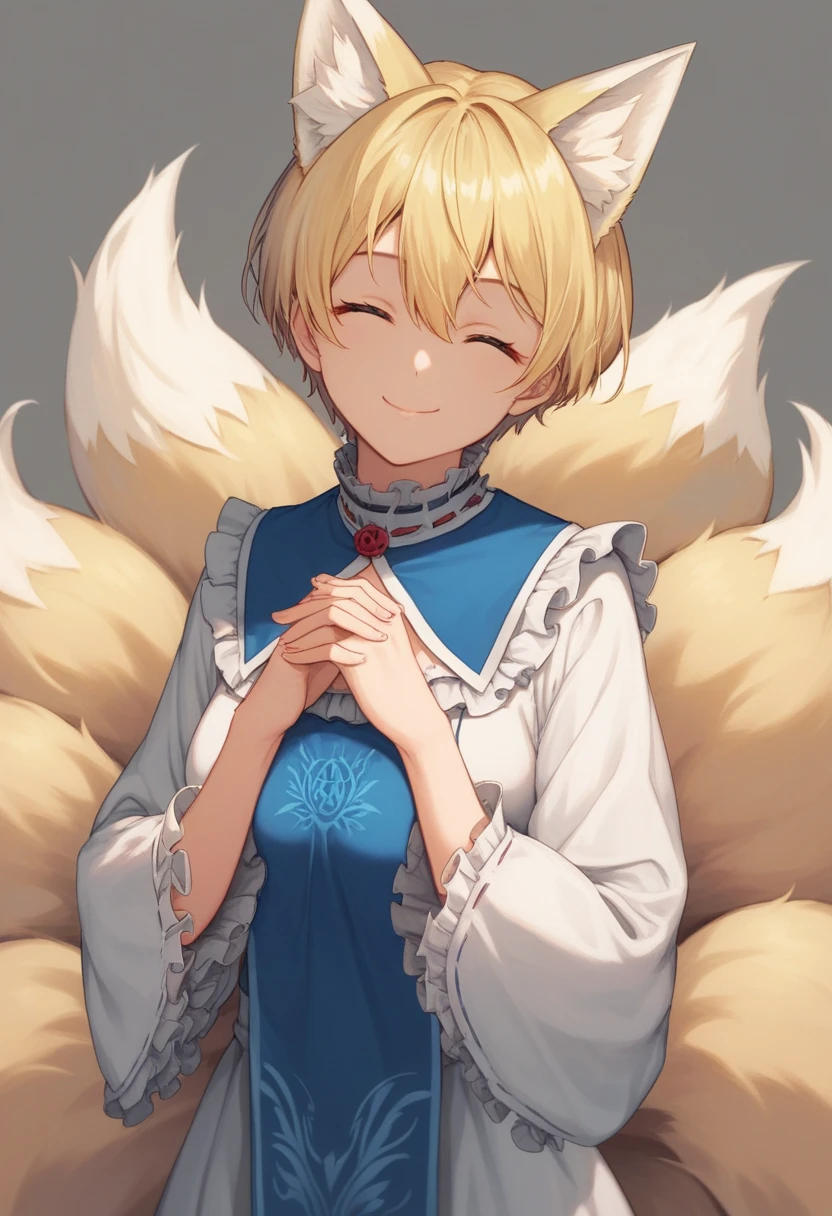  1 girl , Yakumo Ran,  have , Alone,  blonde hair , fox Tail, Tail, chest,  gray background , No hat, Tabard,  Short Hair , ,  upper body, Good eyes, multiple Tails, large chest,  viewers who show the full nudity,  simple background,  Long Sleeve , white  dress,  put both hands in opposite sleeves,  dress,  hair between eyes,  wide sleeve , bangs, frills, smile,  ruffled shirt collar,  closed mouth , Ruffle sleeves,  head tilt, narrow,  Black Rose with Two Hands Together , arms under chest,  standing,  chestを触る , Sparkling,(KBXLL-san:0.6), masterpiece,  best quality, 