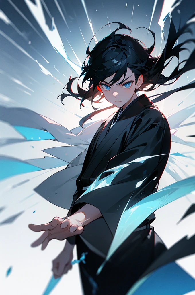 anime character, a handsome man,black hair, wearing gray clothes with a black robe, wearing a necklace, has a turquoise aura, calm face, has a red eye. has a sword at his waist.