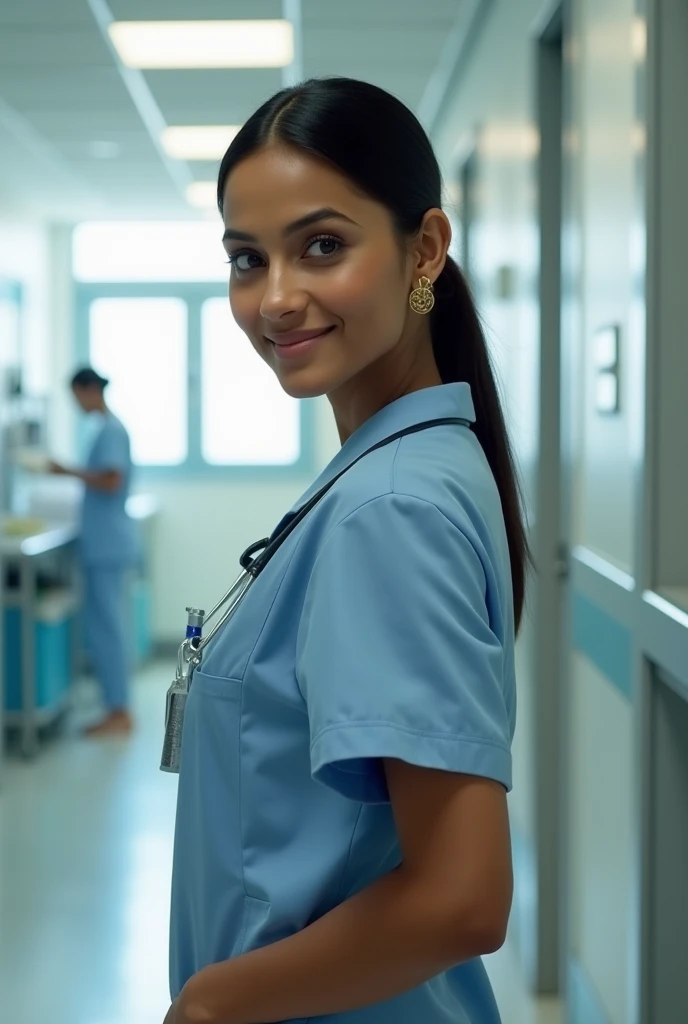 A black haired Latina woman with black eyes working as a dentist