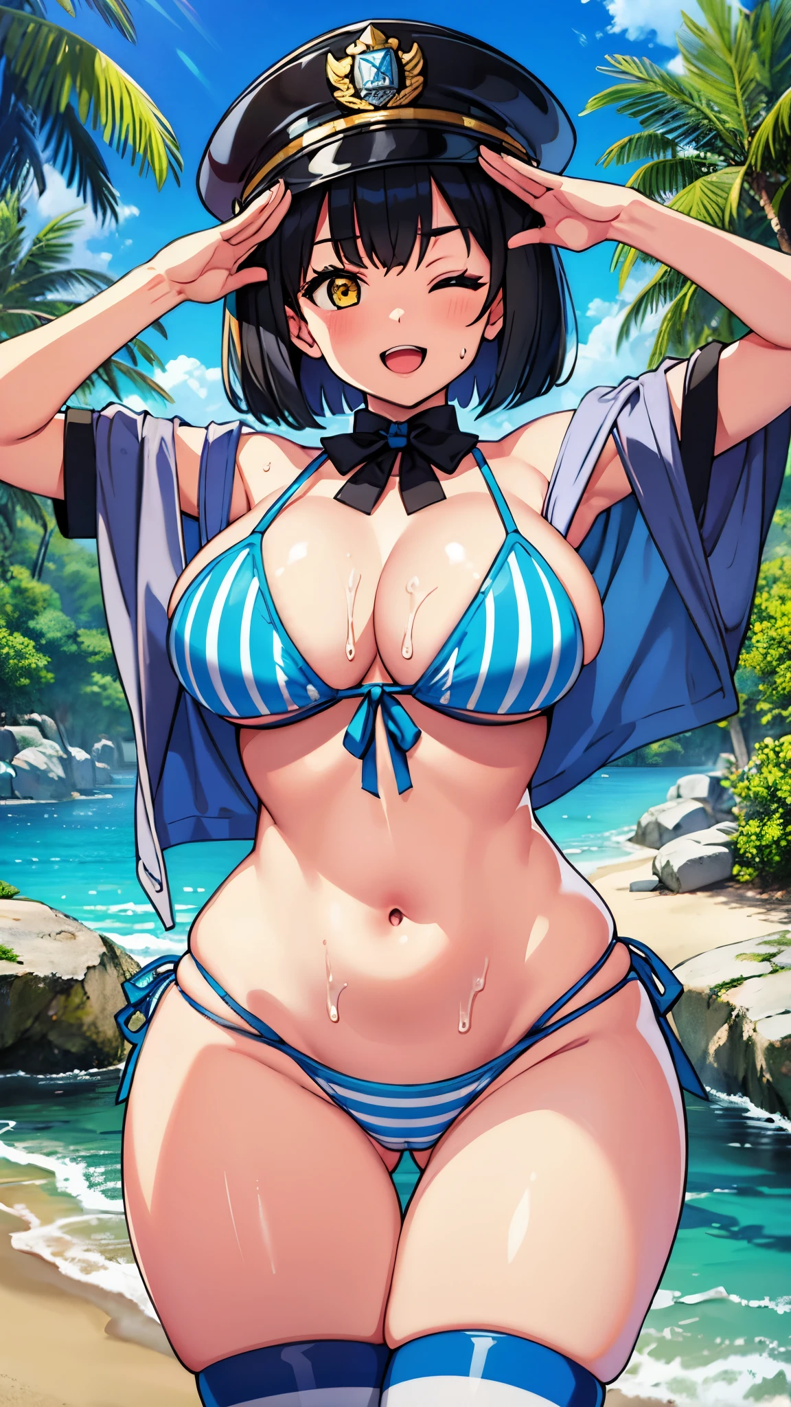 (Perfect body),Best Quality,(8K Portrait),(Official art)、((Police Woman)),(((Wink))),blush,Sweat,((large udder))、(puffy niples)、(Dark hair),((bob cuts))、Yellow eyes,(thick thighs)、Adult Woman、Cowboy Shot、(Leaning forward)、(A smile)、(Right-handed salute)、Wavy mouth、in poolside、Pink 、(Navy blue jacket)、(((Bikini top is unraveled)))、((nipples are protruding))、Navy blue high-leg bikini、Show your teeth、(Left hand on hip)